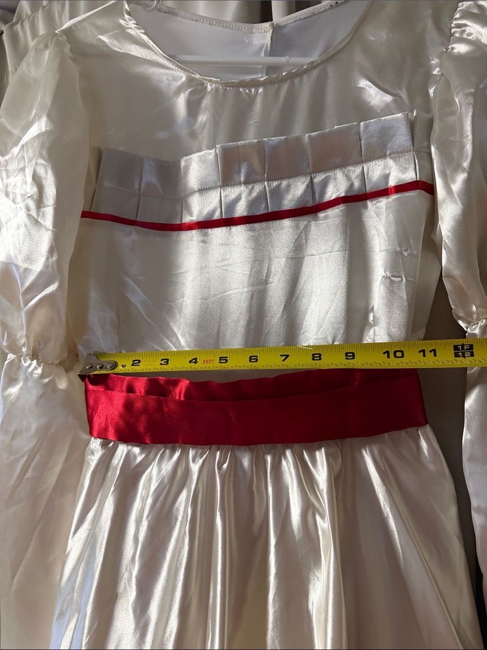 Annabelle Halloween Costume White Satin Long Sleeve Dress with Red Sash - Picture 6 of 6